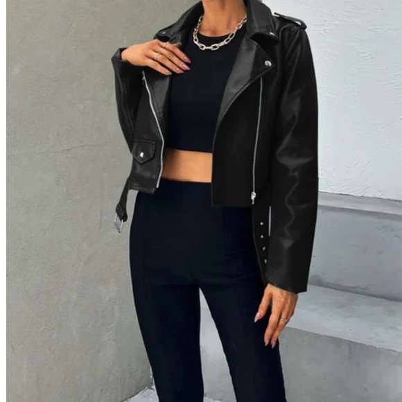 Faux Leather Moto Jacket Black Zip Up Belted - Picture 13 of 13